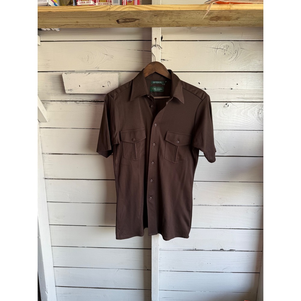 Vintage Van Heusen Splendor Brown Short Sleeve Button Down Shirt Mens Medium 70s